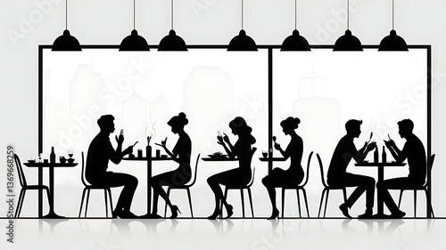 Romantic Urban Dining Experience: Modern Restaurant Silhouettes and Ambient Light Fixtures