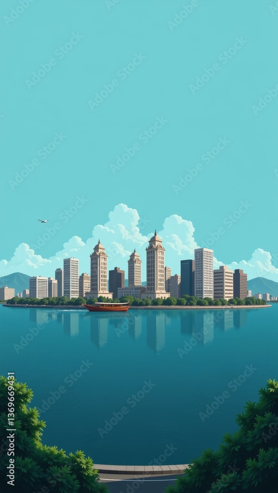 Obraz premium Arabian Sea Skyline in India Mumbai features vibrant buildings, water reflecting sky, mountains beyond. Concept of serene landscape, Arabian Sea Skyline in India Mumbai illustrates calm beauty.