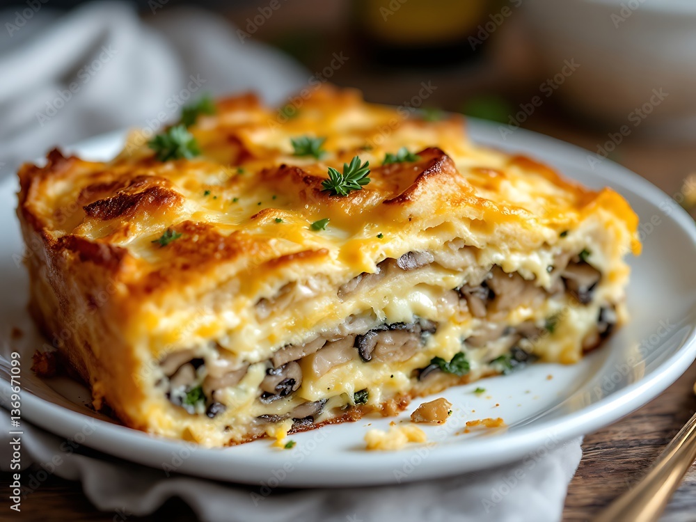 A golden-brown cheesy mushroom strata, a comforting baked dish layered with flavor and a perfectly crisp top, served on a white plate. A golden-brown cheesy mushroom strata, a comforting baked dish layered with flavor and a perfectly crisp top, served on a white plate.