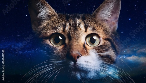 Double exposure effect of a cat’s face blended with a starry night sky.