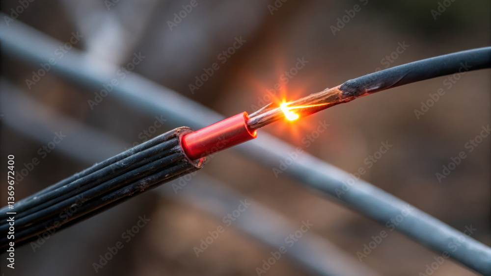 Naklejka premium thermal anomaly is visible as damaged wire sparks, highlighting importance of electrical safety in various environments