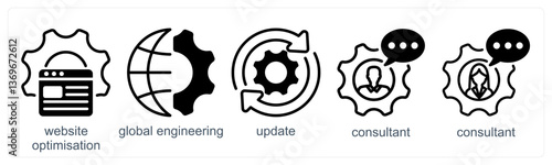 A set of 5 business icons as website optimization, global engineering, update