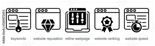 A set of 5 business icons as keywords, website reputation, refine webpage