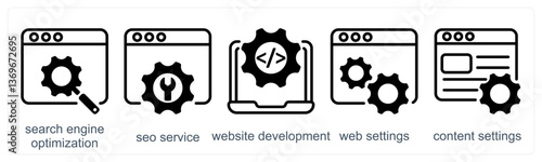 A set of 5 business icons as search engine optimization, seo service, website development