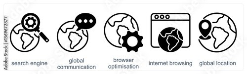 A set of 5 business icons as search engine, global communication, browser optimization