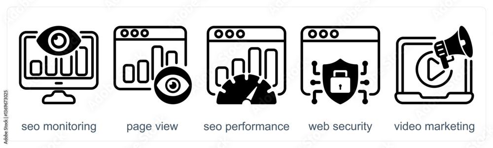 A set of 5 business icons as seo monitoring, page view, seo performance A set of 5 business icons as seo monitoring, page view, seo performance