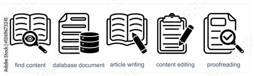 A set of 5 business icons as find content, database document, article writing