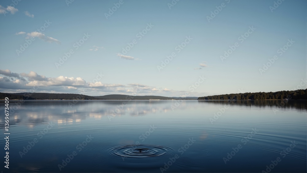 Fototapeta premium Baltic Sea Calm in Finland Helsinki captures serene lake reflecting blue sky, fluffy clouds. Concept of tranquility, landscape of Baltic Sea Calm in Finland Helsinki.