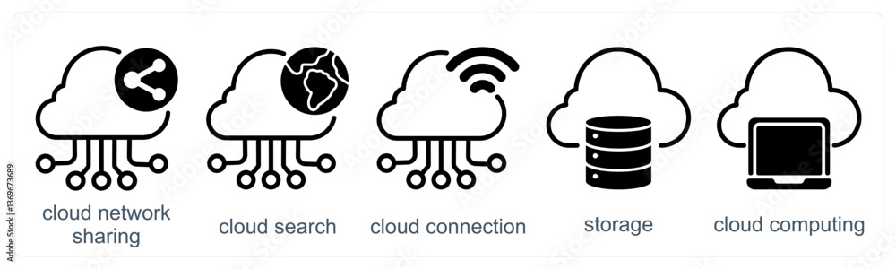 A set of 5 business icons as cloud network sharing, cloud research, cloud connection A set of 5 business icons as cloud network sharing, cloud research, cloud connection