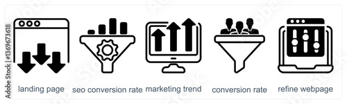 A set of 5 business icons as landing page, seo conversion rate, marketing trend