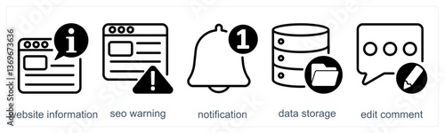 A set of 5 business icons as website information, seo warning, notification
