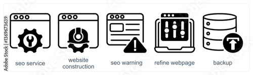 A set of 5 business icons as seo service, website construction, seo warning
