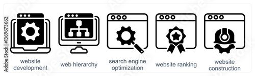 A set of 5 business icons as website development, web hierarchy, search engine optimization
