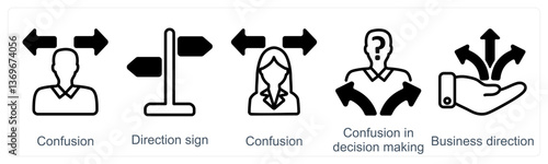 A set of 5 business icons as confusion, direction sign, confusion in decision making