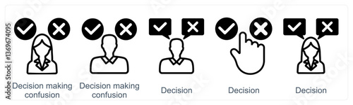 A set of 5 business icons as decision making confusion, decision, choice