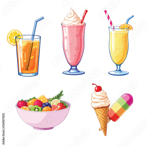 Refreshing summer drinks, ice cream, fruit salad and popsicle satisfying thirst and hunger