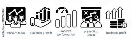 A set of 5 business icons as efficient team, business growth, improve performance