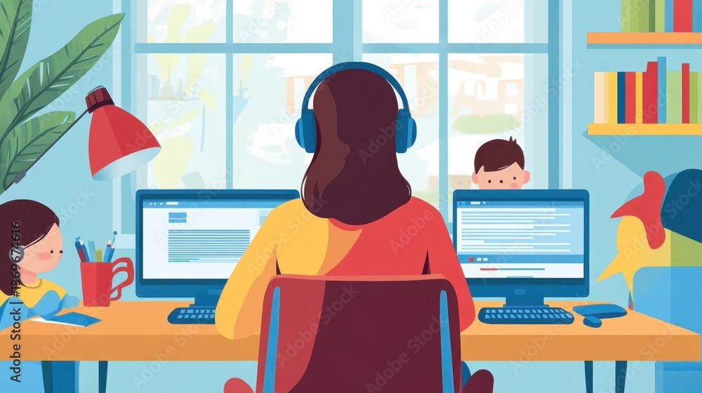 Fototapeta premium A parent using noise-canceling headphones while kids do online learning. --ar 16:9 --v 6.1 Job ID: fee20f75-dc29-4665-8780-e2fb026f5b1e