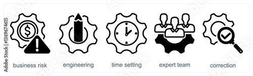 A set of 5 business icons as business risk, engineering, time setting
