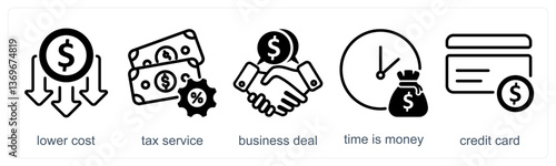 A set of 5 business icons as lower cost, tex service, business deal