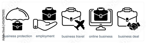 A set of 5 business icons as business protection, employement, business travel