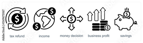 A set of 5 business icons as tax refund, income, money decision