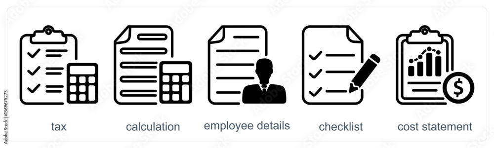 A set of 5 business icons as tax, calculation, employee details A set of 5 business icons as tax, calculation, employee details