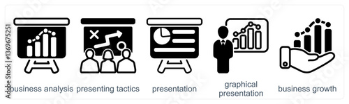 A set of 5 business icons as business analysis, presenting tactics, presentation