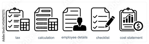 A set of 5 business icons as tax, calculation, employee details