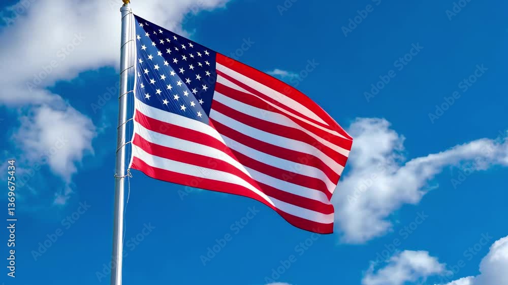 The American flag flutters proudly in the wind, set against a clear blue sky filled with soft, white clouds on a sunny day. The American flag flutters proudly in the wind, set against a clear blue sky filled with soft, white clouds on a sunny day.