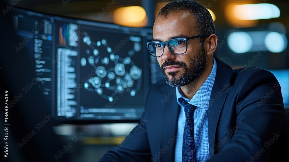 Business professional analyzing data on a computer screen in a modern office setting. Business professional analyzing data on a computer screen in a modern office setting.