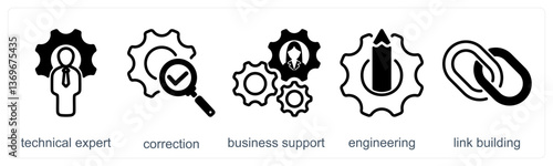 A set of 5 business icons as technical expert, correction, business support