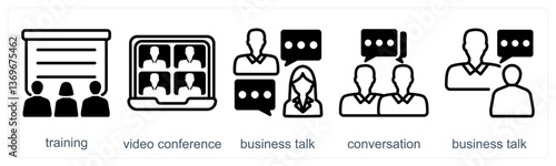 A set of 5 business icons as training, video conference, business tal