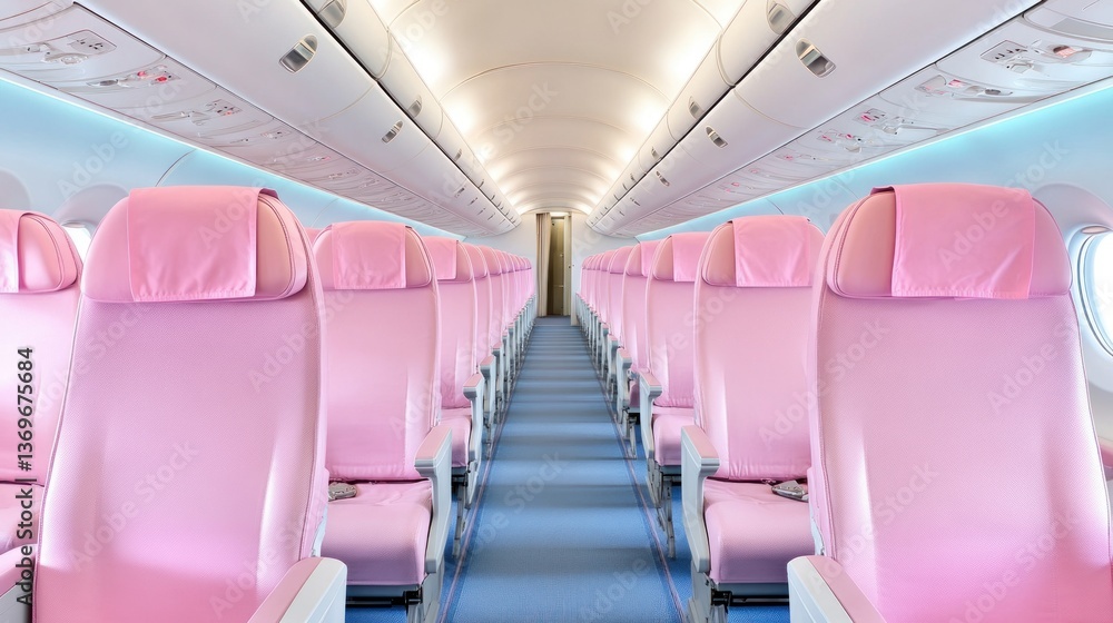 Naklejka premium Empty pink airplane seats in a modern aircraft cabin aisle ready for passengers Travel and transportation concept