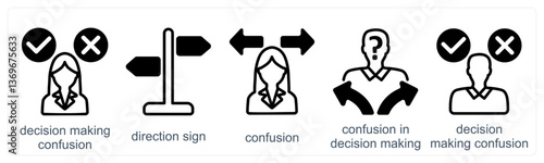 A set of 5 business icons as decision making confusion, direction sign, confusion in decision making