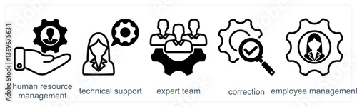 A set of 5 business icons as human resource management, technical support, expert team