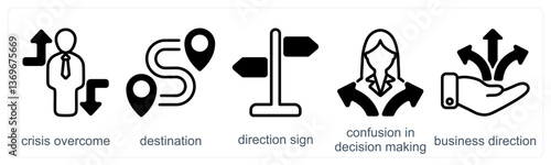 A set of 5 business icons as crisis overcome, destination, direction sign