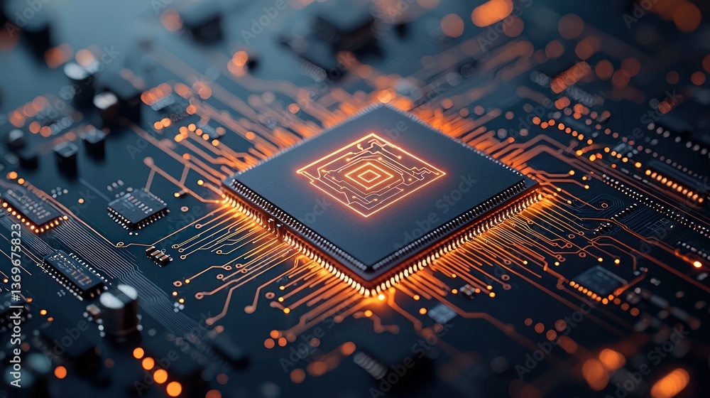 Close-up of a central processing unit on a circuit board, glowing orange Close-up of a central processing unit on a circuit board, glowing orange