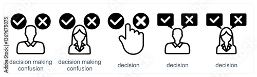 A set of 5 business icons as decision making confusion, decision, option