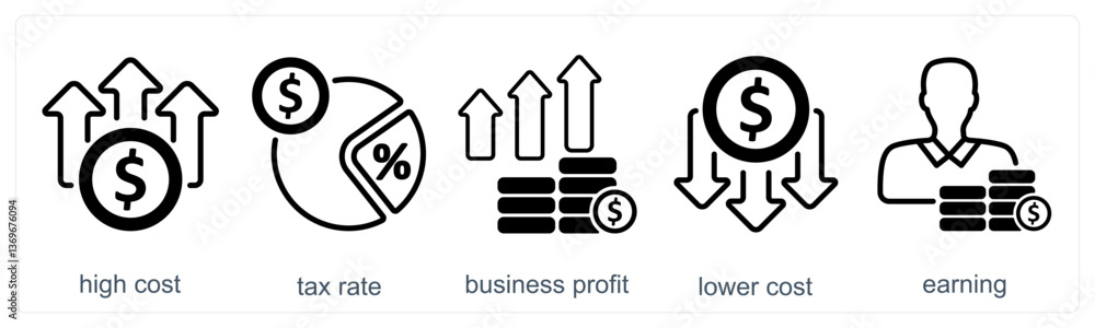 A set of 5 business icons as high cost, tax rate, business profit A set of 5 business icons as high cost, tax rate, business profit