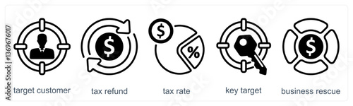 A set of 5 business icons as target customer, tax refund, tax rate