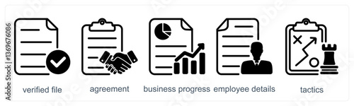 A set of 5 business icons as verified file, agreement, business progres