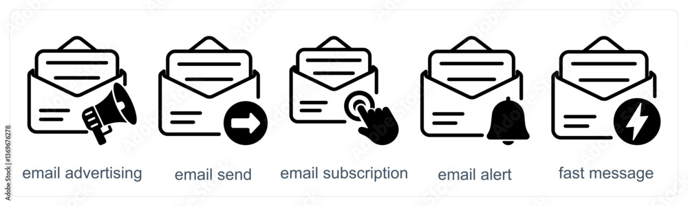 A set of 5 business icons as email advertising, email send, email subscription A set of 5 business icons as email advertising, email send, email subscription
