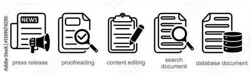 A set of 5 business icons as press release, proofreading, content editing