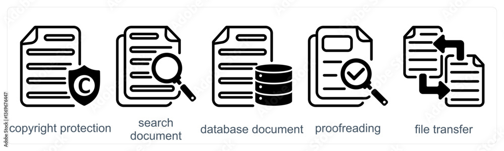 A set of 5 business icons as copyright protection, search document, database document A set of 5 business icons as copyright protection, search document, database document