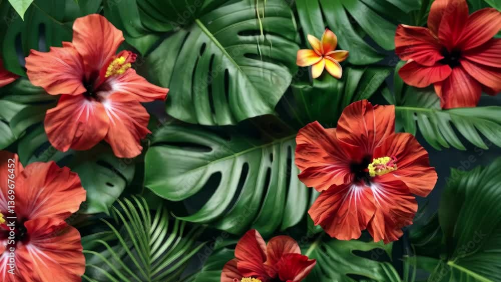 A stunning arrangement features bright red hibiscus flowers surrounded by various tropical green leaves. The composition highlights vibrant colors and natural beauty. A stunning arrangement features bright red hibiscus flowers surrounded by various tropical green leaves. The composition highlights vibrant colors and natural beauty.