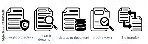A set of 5 business icons as copyright protection, search document, database document