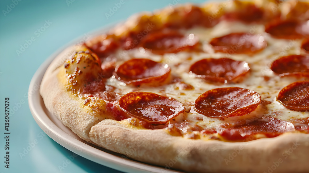 Closeup of Delicious Pepperoni Pizza on a Blue Background Closeup of Delicious Pepperoni Pizza on a Blue Background