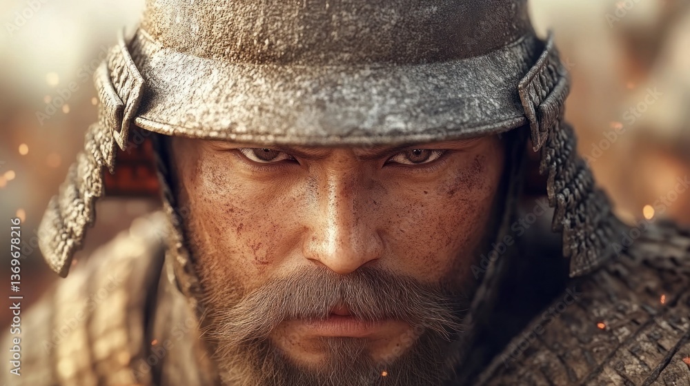 Close up portrait of a weathered samurai warrior intense gaze fierce expression ancient armor battle worn helmet Close up portrait of a weathered samurai warrior intense gaze fierce expression ancient armor battle worn helmet