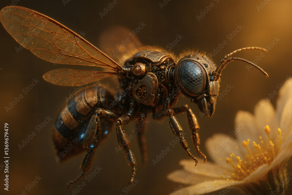 Fototapeta premium Steampunk mechanical bee on flower in golden light